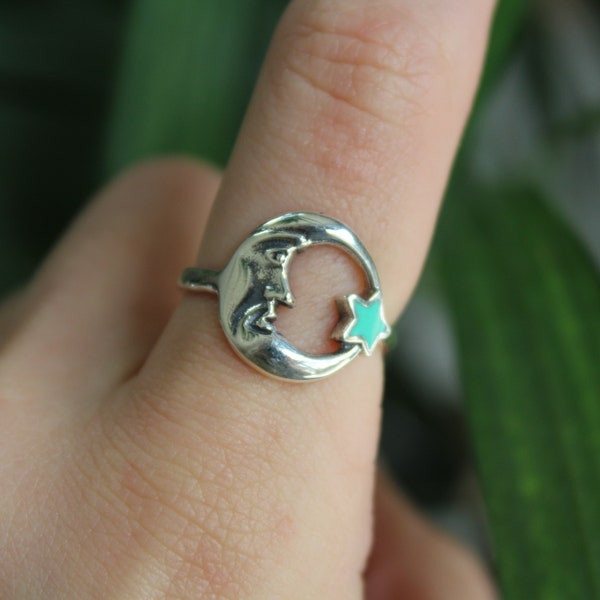 Sterling Silver Turquoise Moon Star Ring - Blue Turquoise Gemstone - 925 Rings for Women - Stone Gemstone December Birthstone Astrology Face