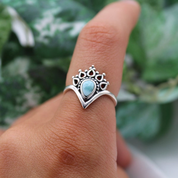 Sterling Silver Larimar Crystal Henna Point Ring - Natural Gemstone Midi Stacking - Blue Stone Healing Stone -Decorative Band Gift Statement