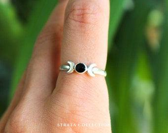 Sterling Silver Black Duo Moon Ring - Astrology Witch Star 925 Silver Rings for Women - Gothic Dainty Stacking Band Thin