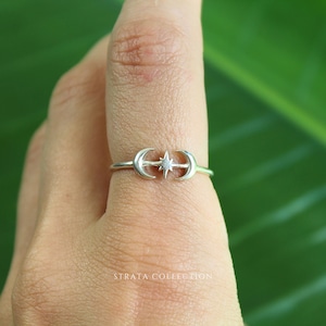 Sterling Silver Moon and Star Ring - 925 Silver Rings for Women - Astrology Cutout Statement Stacking Band Gift - Dainty Celestial Crescent