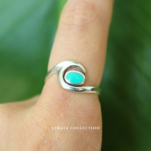 Sterling Silver Turquoise Ocean Wave Ring - Blue Gemstone Stone Ring December Birthstone 925 Signet Rings for Women - Gift Chunky Surf Wavy