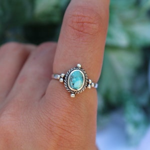 Sterling Silver Turquoise Rope Frame Bobble Ring - Blue Gemstone December Birthstone Ring - 925 Sterling Silver Rings for Women Statement