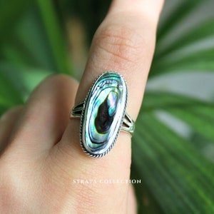 Sterlingzilveren X-Large ovale abaloneschelp - 925 ringen voor dames - Sterlingzilveren ring Blauwe statementring - Natural Schelp Duo chromen band