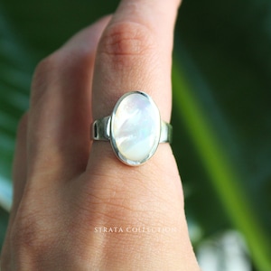 Sterling Silver Mother of Pearl Large Oval - Statement Shell Natural 925 Silver Rings for Women - Stacking Band Pink White Opal Gift Band