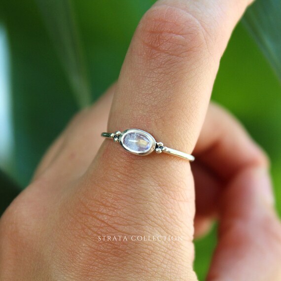 Rainbow Moonstone Ring Oval Side Set Sterling Silver Dainty Rainbow Moonstone Ring Oval Side Set Sterling Silver Dainty