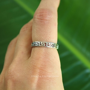 Sterling Silver Aztec Tribal Engraved Band Ring - 925 Silver RIngs for Women - Edgy Y2K Stacking Dainty Band Aztec Tribal Line Squiggle