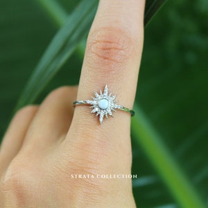 Sterling Silver Opal North Star Ring - Dainty Astrology White Simulated Opal - Gemstone Rings for Women Stacking Dainty Delicate Gift Moon