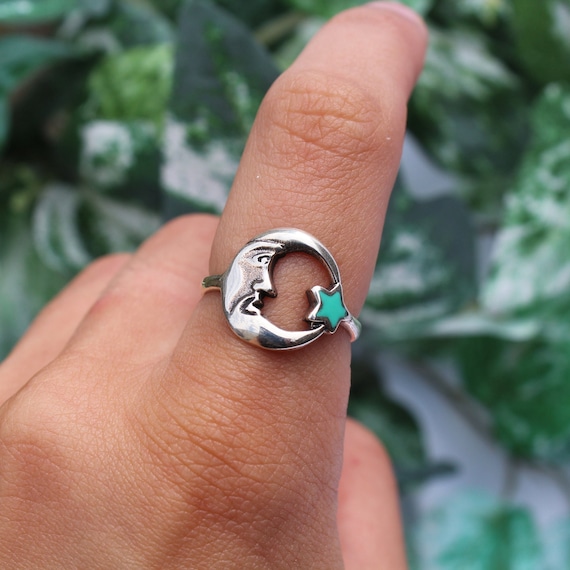 Sterling Silver Turquoise Moon Star Ring Blue Turquoise Gemstone