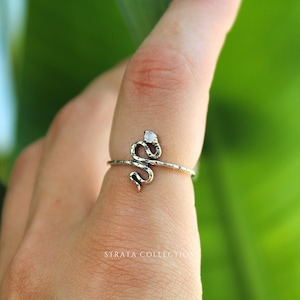 Sterling Silver Serpent Moonstone Ring - 925 Silver Star Snake Rings for Women - Gemstone Natural Crystal Statement Band Stacking Ring Gift