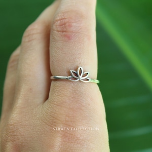 Sterling Silver Dainty Lotus Ring - Cutout Petal Flower 925 Sterling Silver Rings for Women - Stacking Delicate Band Statement Indie Gift