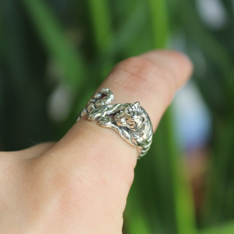 Sterling Silver Tiger Wrap Ring 925 Silver Rings for Women Edgy Boho Thin Band Statement Dainty Animal Big Cat Chunky Swirl Indie Ring image 1