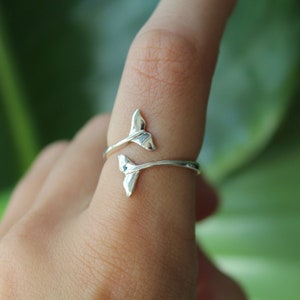 Sterling Silver Whale Tale Ring - Thin Band 925 Silver Rings for Women - Delicate Indie - Gift Small Animal Ocean Surf Symbol Stacking