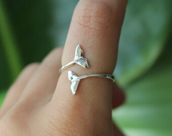 Sterling Silver Whale Tale Ring - Thin Band 925 Silver Rings for Women - Delicate Indie - Gift Small Animal Ocean Surf Symbol Stacking