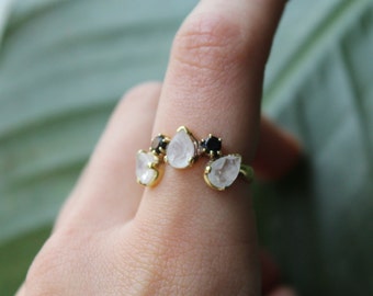Gold Vermeil Moonstone and Black Onyx Five Gem Ring - Natural Gemstone Raw Stone Crystal - Gold Rings for Women Statement Stacking Ring