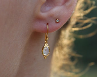 18K Gold Vermeil Moonstone Dangle Oval - Sleepers Delicate Earrings for Women - Statement Indie Hoops Stacking Gold - Gemstone Crystal Gift