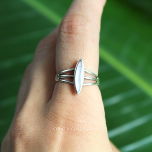 Sterling Silver Mother of Pearl Long Trio Oval - Statement Shell Natural 925 silver rings for women - Dainty Stacking Band - Pink White Opal