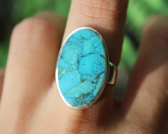 Sterling Silver X-Large Turquoise Plain Ring - Large Oval Blue Gemstone December Birthstone -925 Silver Rings for Women - Natural Stone Gift