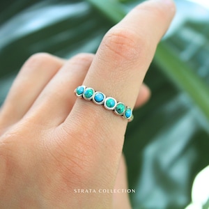 Sterling Silver Turquoise Circle Band Ring - Blue Gemstone December Birthstone Ring - 925 Sterling Silver Rings for Women Stacking Bali Gift