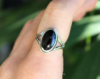 Sterling Silver Black Circle Ring - Black Onyx Silver Detail Band Ring - Gothic 925 silver rings for women - Witch Statement Plain Band