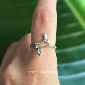 Sterling Silver Whale Tale Ring - Thin Band 925 Silver Rings for Women - Delicate Indie - Gift Small Animal Ocean Surf Symbol Stacking