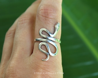 Sterling Silver Serpent Wrap Ring - 925 Silver Rings for Women - Snake Engraving Animal Band Statement Stacking Ring -Wavy Snake Gothic Edgy
