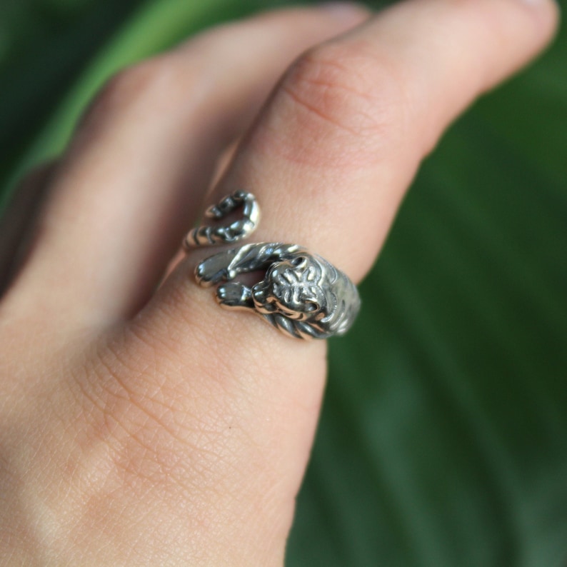 Sterling Silver Tiger Wrap Ring 925 Silver Rings for Women Edgy Boho Thin Band Statement Dainty Animal Big Cat Chunky Swirl Indie Ring image 2