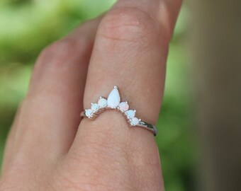 Sterling Silver Petal Stacking White Opal Ring -Jewel Simulated Opal White Gem- Dainty Jewel 925 Silver Rings for Women -Henna Midi Stacking