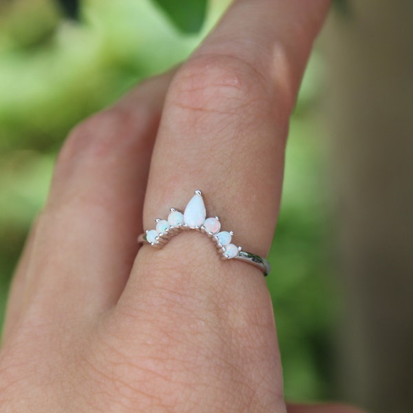 Sterling Silver Petal Stacking White Opal Ring -Jewel Simulated Opal White Gem- Dainty Jewel 925 Silver Rings for Women -Henna Midi Stacking