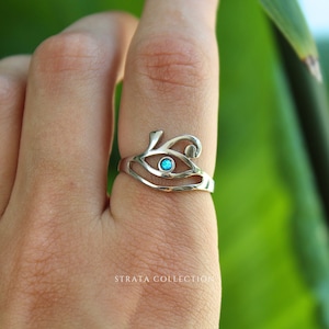 Sterling Silver Blue Simulated Opal Eye Of Horus Cutout Ring - 925 Silver Rings for Women - Symbol Indie Y2k - Stacking Statement Evil Eye