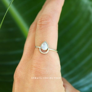 Sterling Silver Moonstone Petal Henna Ring - Crystal Gemstone Birthstone Ring - 925 Sterling Silver Rings for Women Statement Teardrop Gift