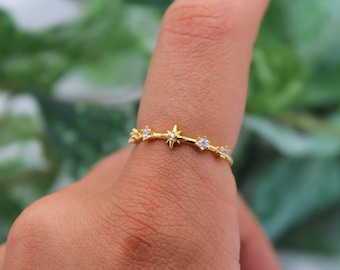 18K Gold Vermeil Dainty Star - 925 Rings for Horseshoe Half Moon Henna Pattern Women - Thin Band Statement Gold - Moon Flower Dainty