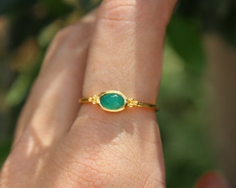 18K Gold Vermeil Green Onyx Gold Stacking Ring - 925 Rings for Women - Thin Statement Rainbow Stone Crystal Gift Gemstone Emerald Stone