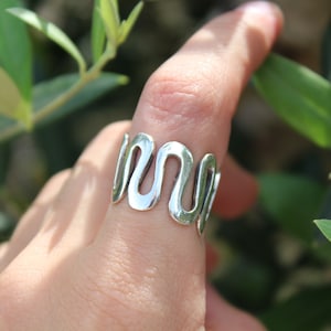 Sterling Silver Wave Fold Ring - Wavy 925 Silver Rings for Women - Squiggle Band Statement Fold Ring - Abstract Wavy Thick Band Stacking