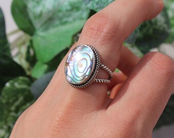 Sterling Silver Large Abalone Shell Ring - 925 Silver Twist Shell Abalone Blue Duo-Chrome - Statement Rings for Women - Gift Dainty