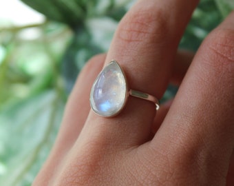 Sterling Silver Moonstone Teardrop - 925 Silver Rings for Women - Rainbow Gemstone Natural Crystal - Large Raised Crystal Ring Healing Stone