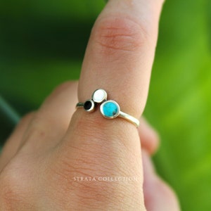 Sterling Silver Trio Stone Ring - Turquoise / Black Onyx / Mother of Pearl- Blue Black Pearl Gemstone Birthstone Ring - 925 Sterling Silver
