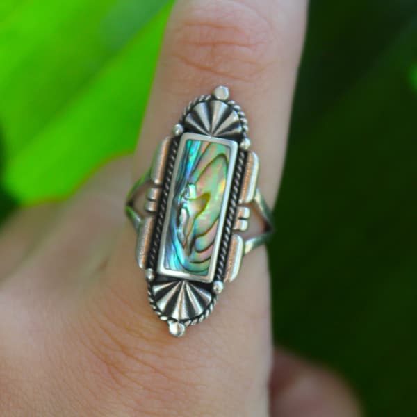 Sterling Silver Aztec Abalone Shell Ring - Abalone Shell 925 Rings for Women - Tribal Pattern Dainty Celtic Ring - Statement Blue Band
