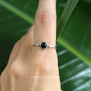 Sterling Silver Black Stacking Dot Side Ring - Thin Dainty Stacking - Witch Gothic 925 Silver Rings for Women - Band Circle Delicate Tribal