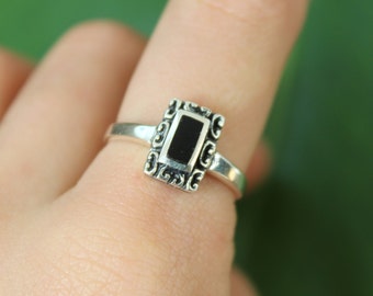 Sterling Silver Black Rectangle Framed Gem Ring - Silver Detail Band Witch Gothic - 925 Silver Rings for Women -Dainty Statement Filigree