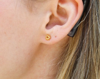18K Gold Vermeil Sun Cutout Stud - Gold Stud Earring for Women Dainty Statement Gift Crystal Point Natural Stone Stud Gem Astrology Surf