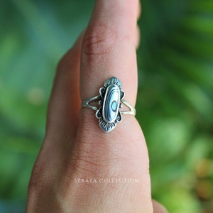 Sterling Silber Spade Abalone Muschel Ring -925 Ringe für Frauen - Zierliches Blau Natürliches Duo-chrome Stapelband Zierliches Statement Geschenk - Vintage