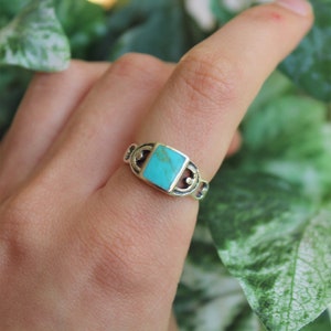 Sterling Silver Square Turquoise Ring - Turquoise Gemstone Ring Blue Stone Ring - Gemstone December Birthstone Vintage Look Filigree Gift