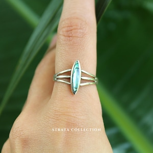 Sterling Silver Abalone Trio Ring - Natural Shell Gemstone Ring - 925 Sterling Silver Rings for Women - Blue Shell -Statement Stacking Oval