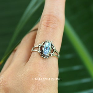 Sterling Silver Abalone Frill Ring - 925 Silver Rings for Women - Natural Shell Dainty Blue Vintage Filigree - Stacking Statement Dainty