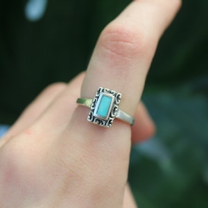 Sterling Silver Turquoise Rectangle - Blue Gemstone December Birthstone - 925 Silver Rings for Women - Dainty Vintage Stacking Band Ring