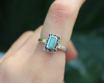 Sterling Silver Turquoise Rectangle - Blue Gemstone December Birthstone - 925 Silver Rings for Women - Dainty Vintage Stacking Band Ring