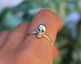 Sterling Silver Skull Ring - 925 Silver Rings for Women - Gothic Which Edgy Thin Band Statement - Delicate Stacking Layering Band Chunky