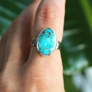 Sterling Silver Turquoise Large Oval Ring - Blue Gemstone December Birthstone Ring - 925 Sterling Silver Rings for Women Statement Gift Band