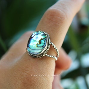 Sterling Silver Large Abalone Shell Ring - 925 Silver Twist Shell Abalone Blue Duo-Chrome - Statement Rings for Women - Gift Dainty