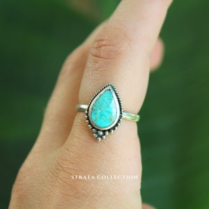 Sterling Silver Turquoise Large Slab Tribal Ring - Blue Gemstone December Birthstone Ring - 925 Sterling Silver Rings for Women - Statement